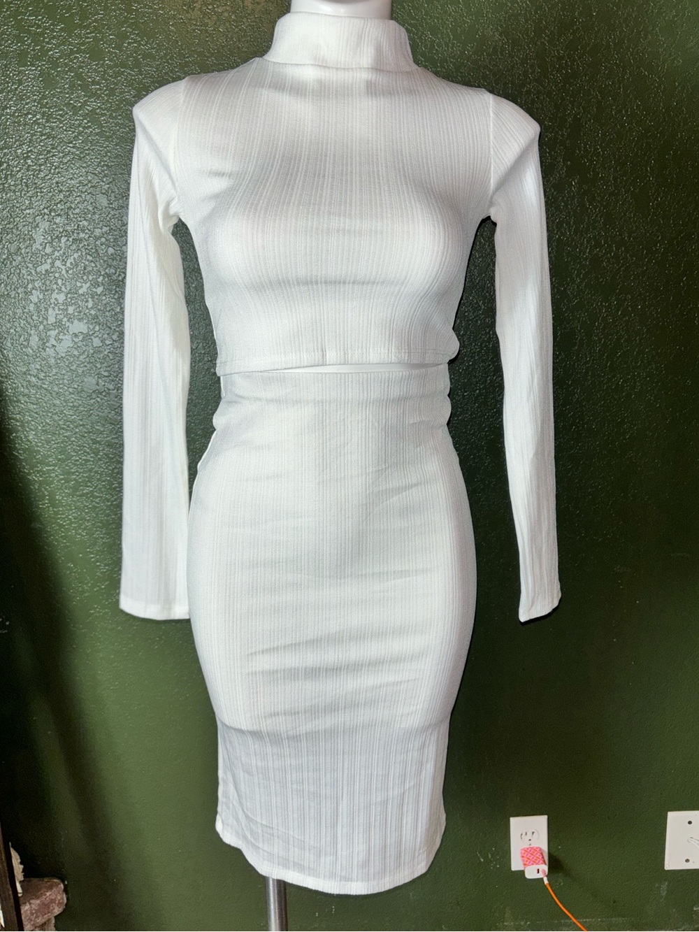 White Ribbed Long-Sleeve Mock Neck Bodycon Dress